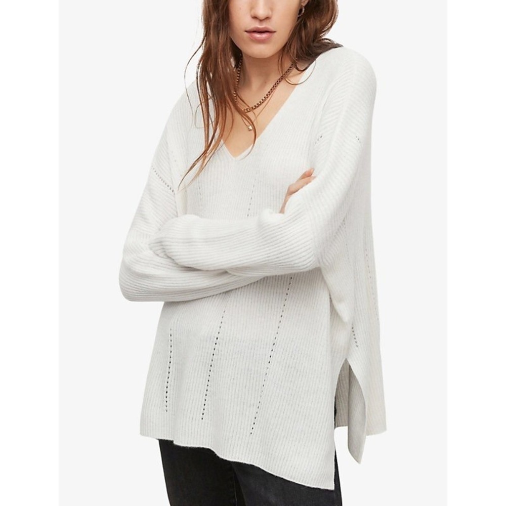 All Saints Wool Alpaca‎ Knit Pullover Sweater White Large Seamless V Neck